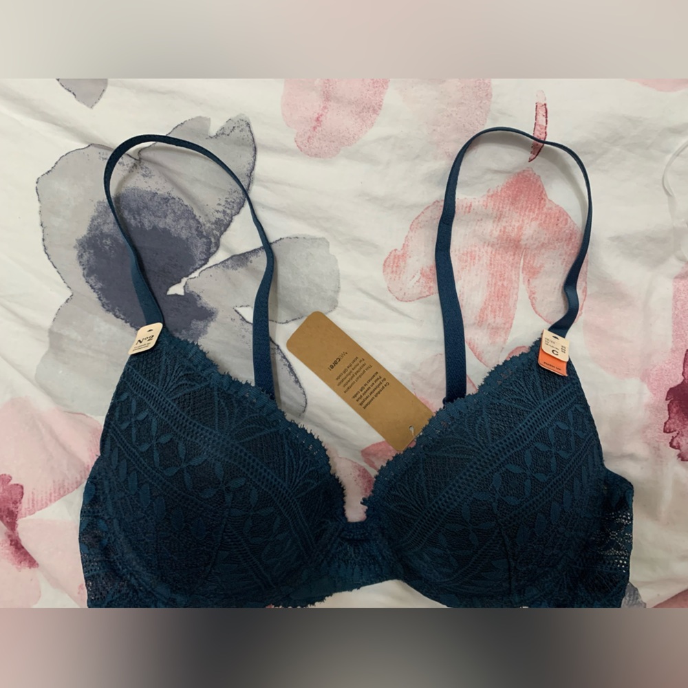 Etam Lace Underwire Bra teal blue 36C sexy comfy push up NWT
